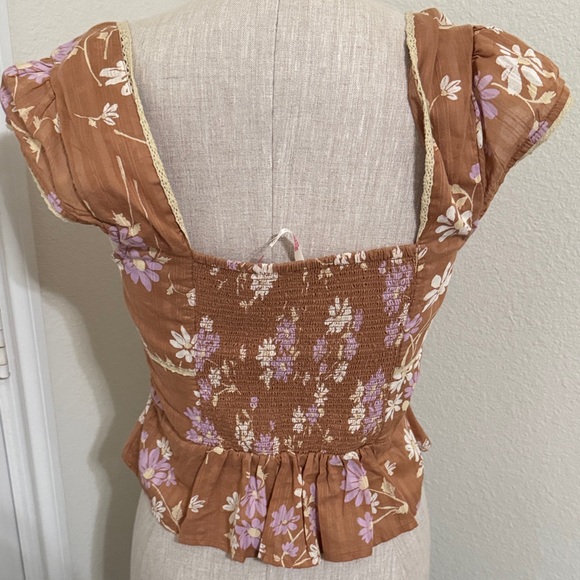 Free People Brown Floral Cap Sleeve Blouse - Picture 4 of 6